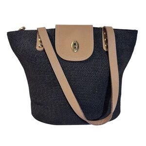 Eric Javits Squishee Bag Black Straw Tan Leather Trim Shoulder Handbag *flaw